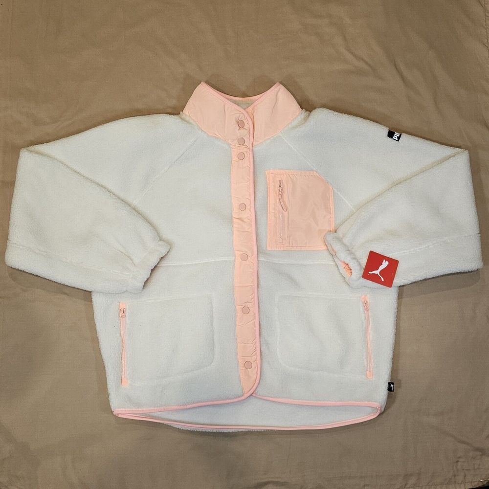 NWT‎ Puma Sherpa Fleece Jacket Womens Ivory Pink Athletic Outerwear Large